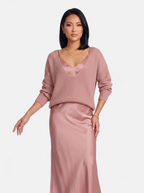 Women's pink satin skirt and sweater set hero shot
