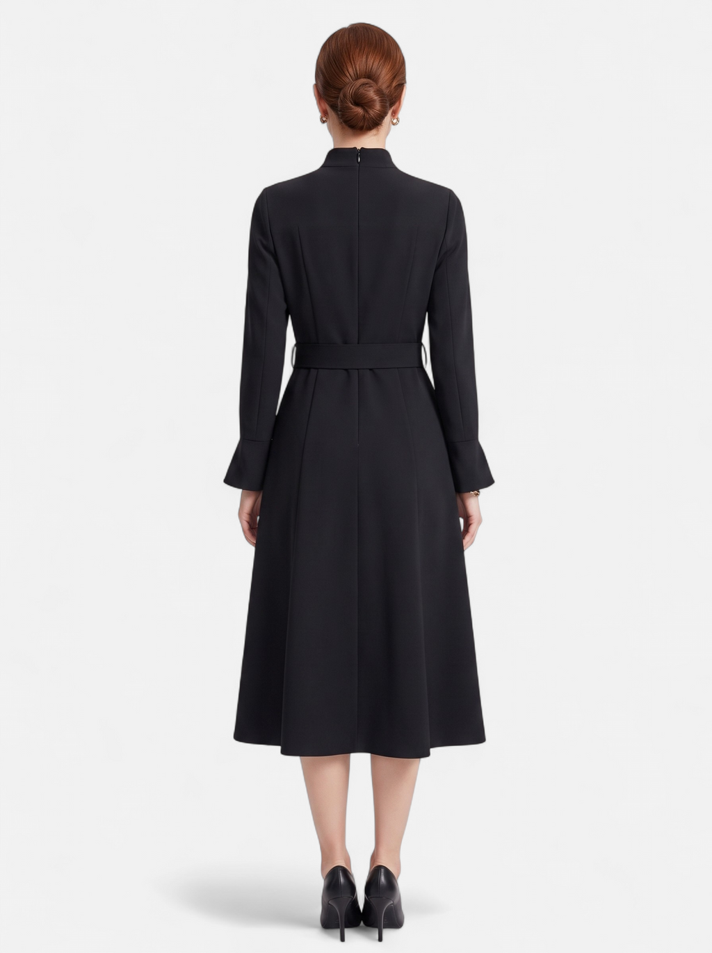 Women's black turtleneck belted a-line dress back shot