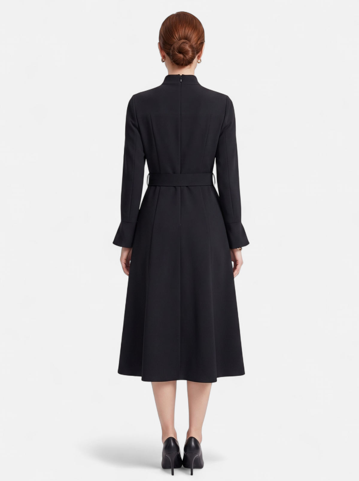 Women's black turtleneck belted a-line dress back shot