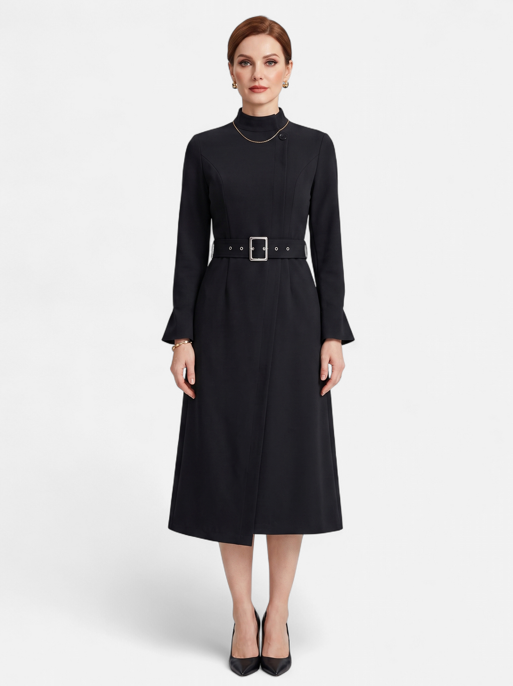 Women's black turtleneck belted a-line dress full body shot