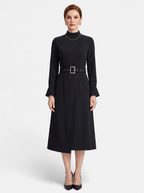Women's black turtleneck belted a-line dress full body shot