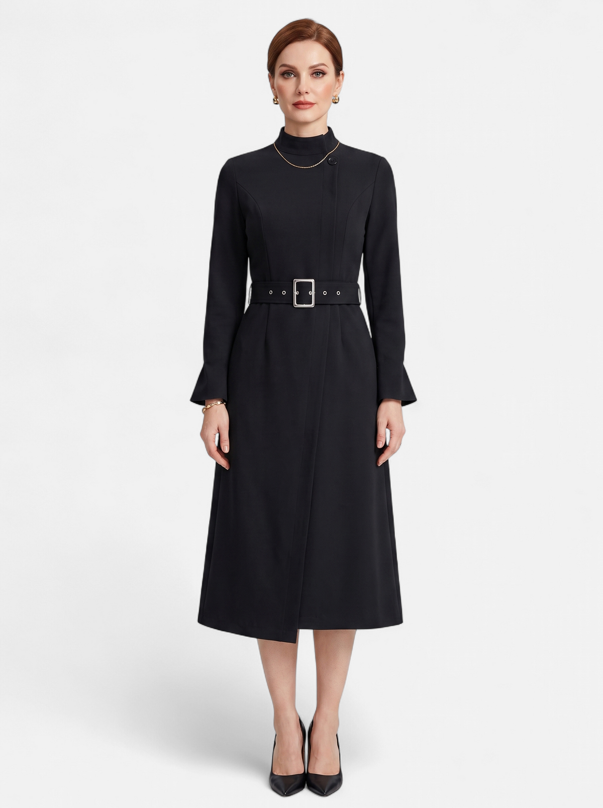 Women's black turtleneck belted a-line dress full body shot