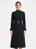 Women's black turtleneck belted a-line dress hero shot