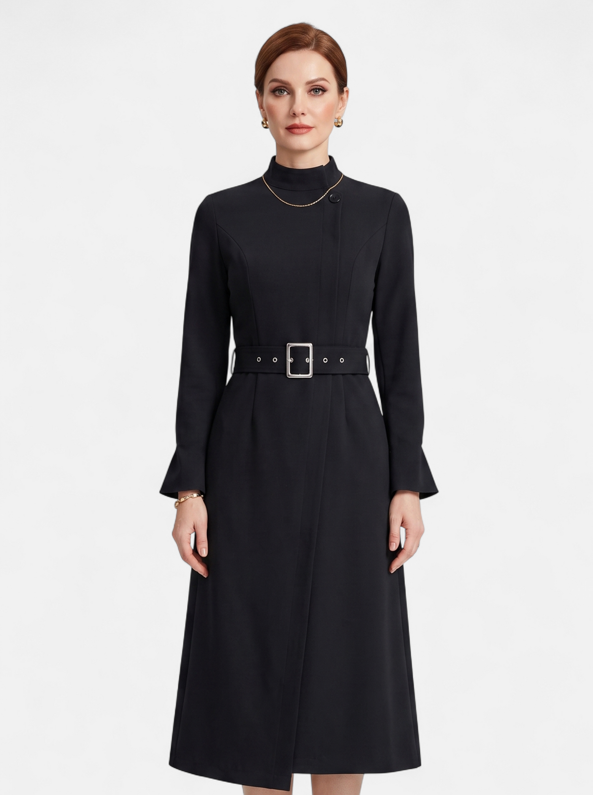 Women's black turtleneck belted a-line dress hero shot