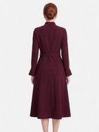 Women's burgundy turtleneck belted a-line dress back shot