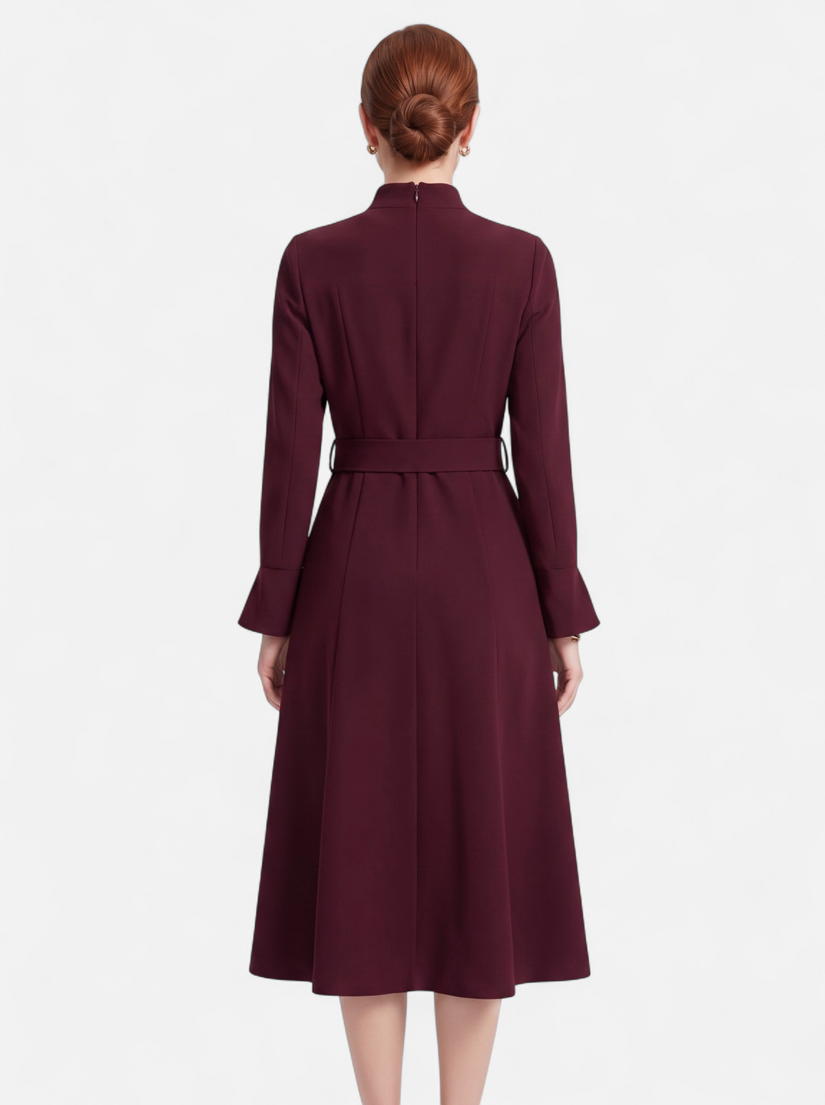 Women's burgundy turtleneck belted a-line dress back shot