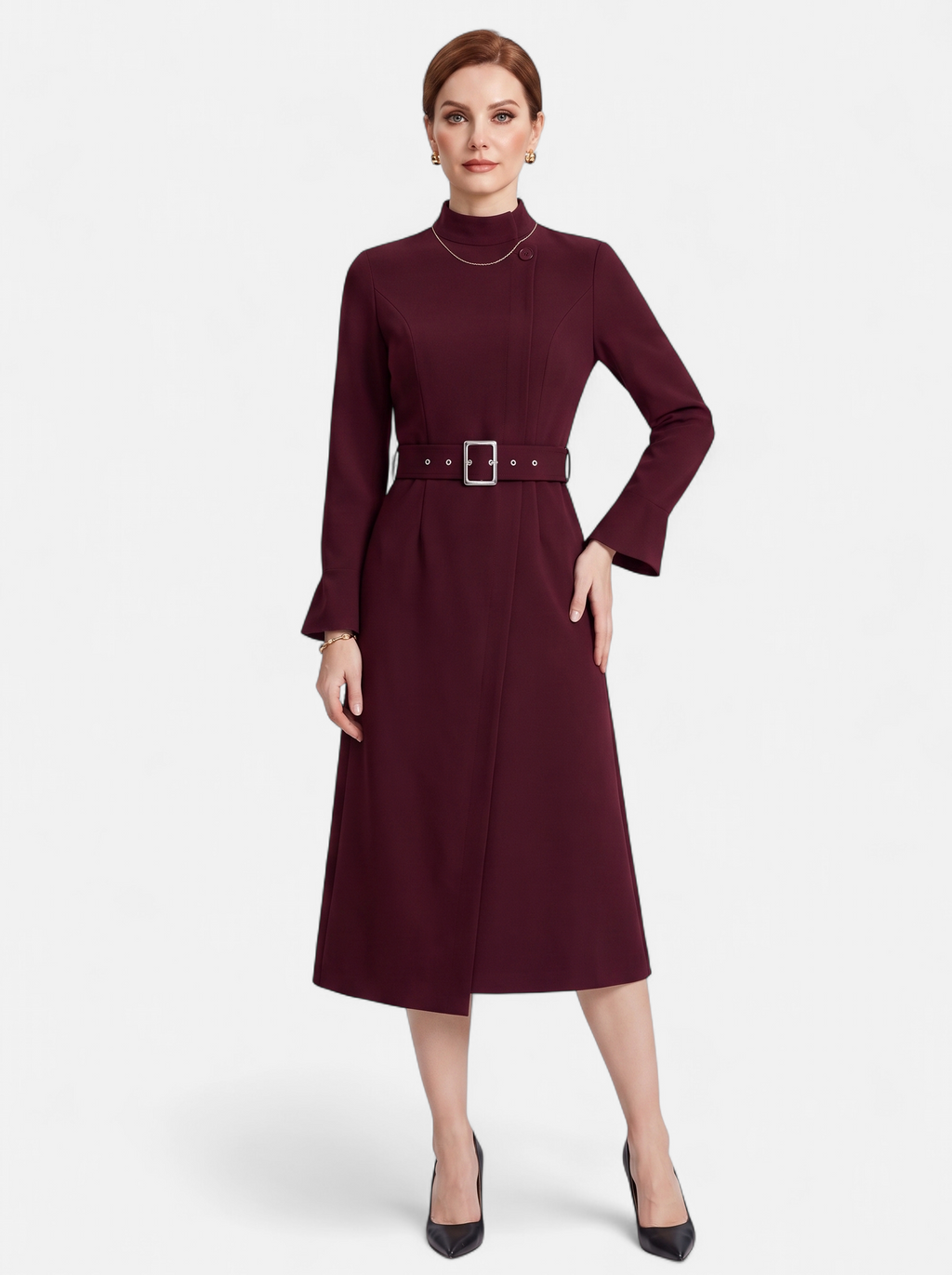 Women's burgundy turtleneck belted a-line dress full body shot