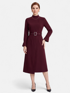 Women's burgundy turtleneck belted a-line dress full body shot