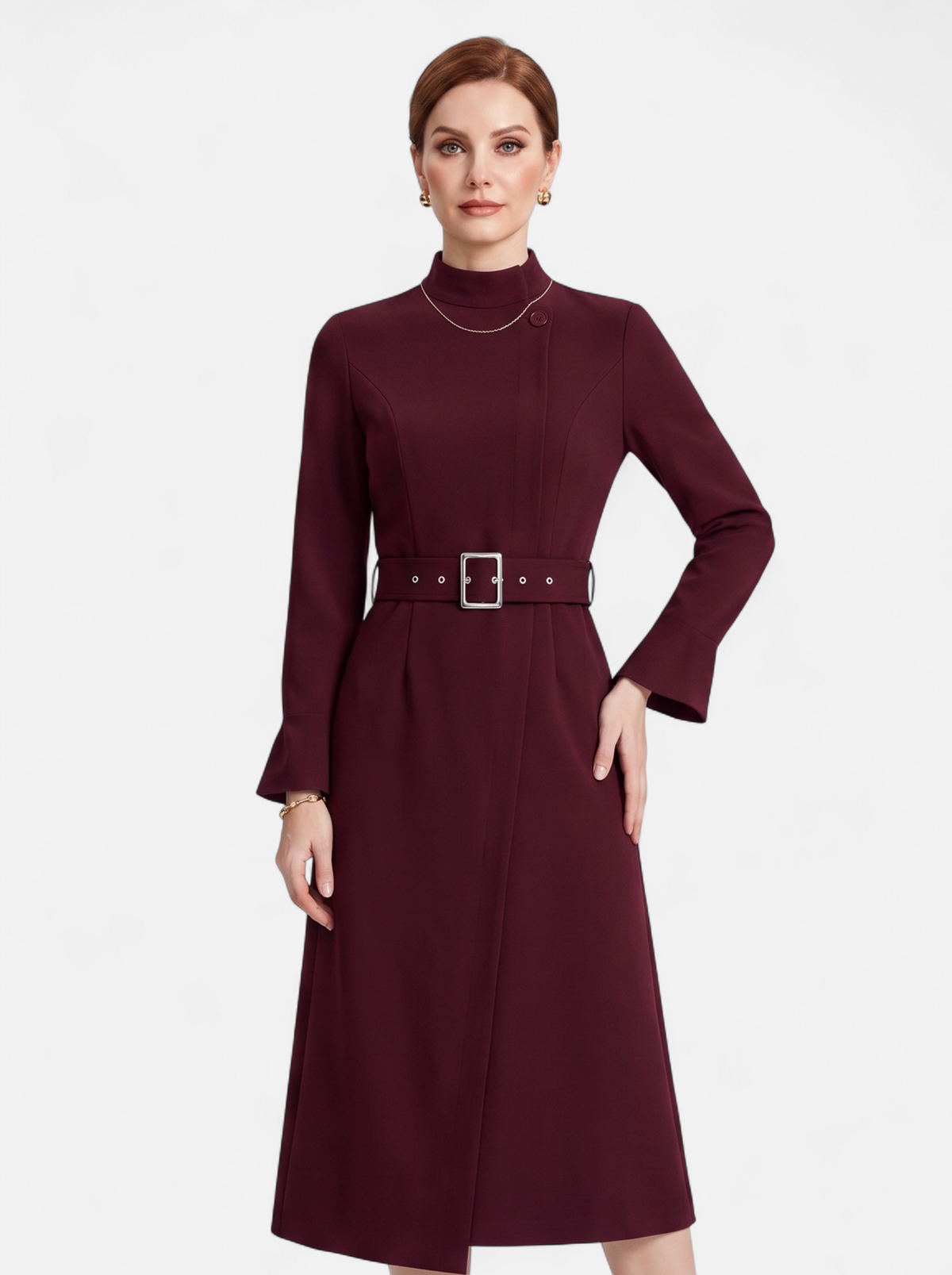 Women's burgundy turtleneck belted a-line dress hero shot
