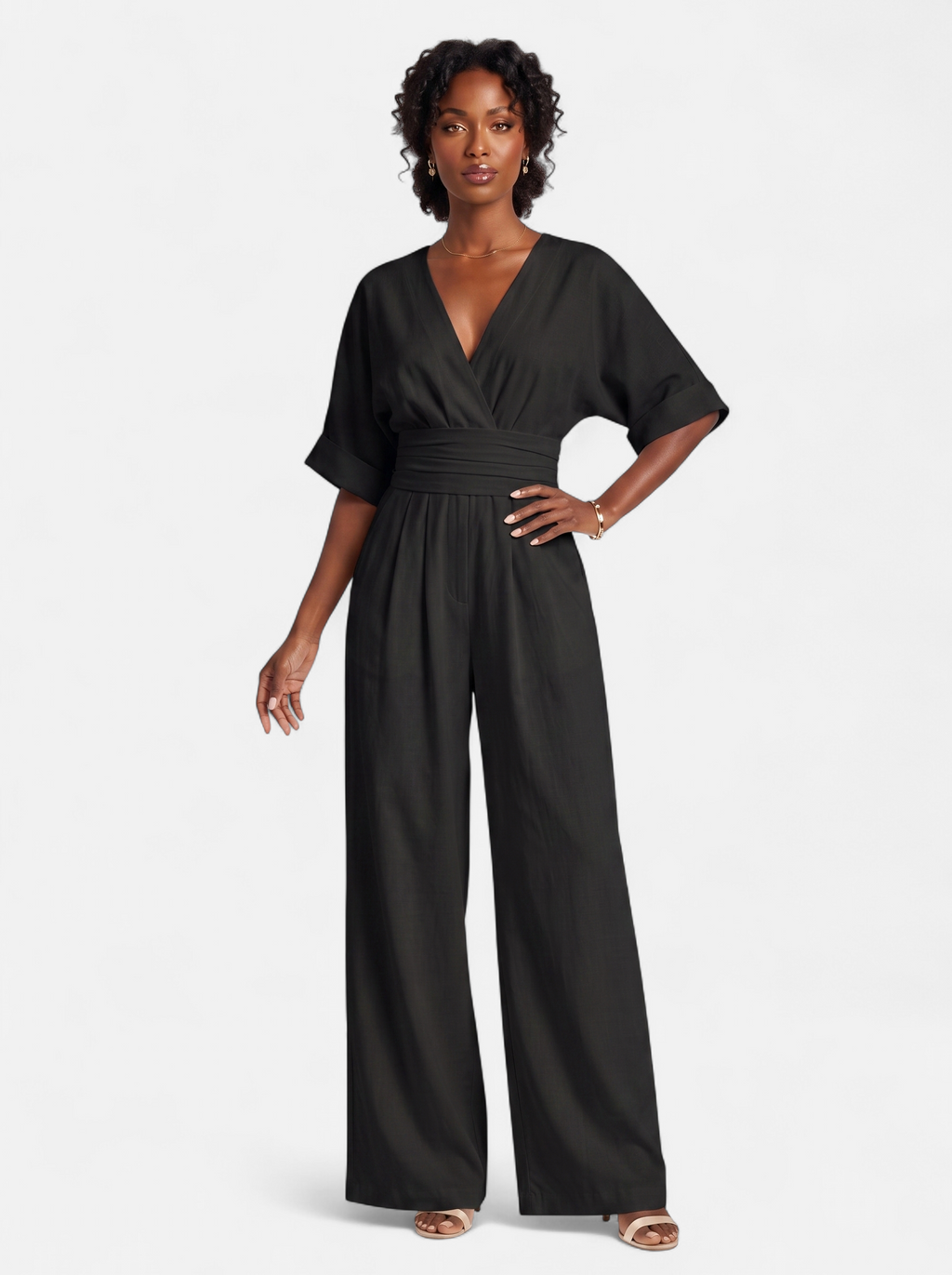 Women's black wrap v-neck jumpsuit full body shot