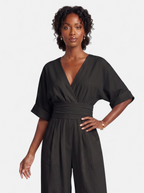 Women's black wrap v-neck jumpsuit hero shot