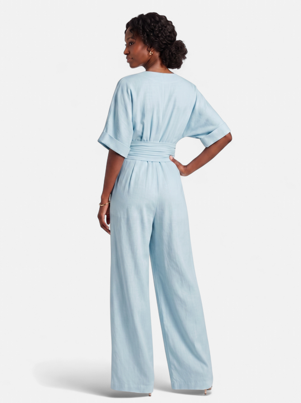 Women's sky blue wrap v-neck jumpsuit back shot