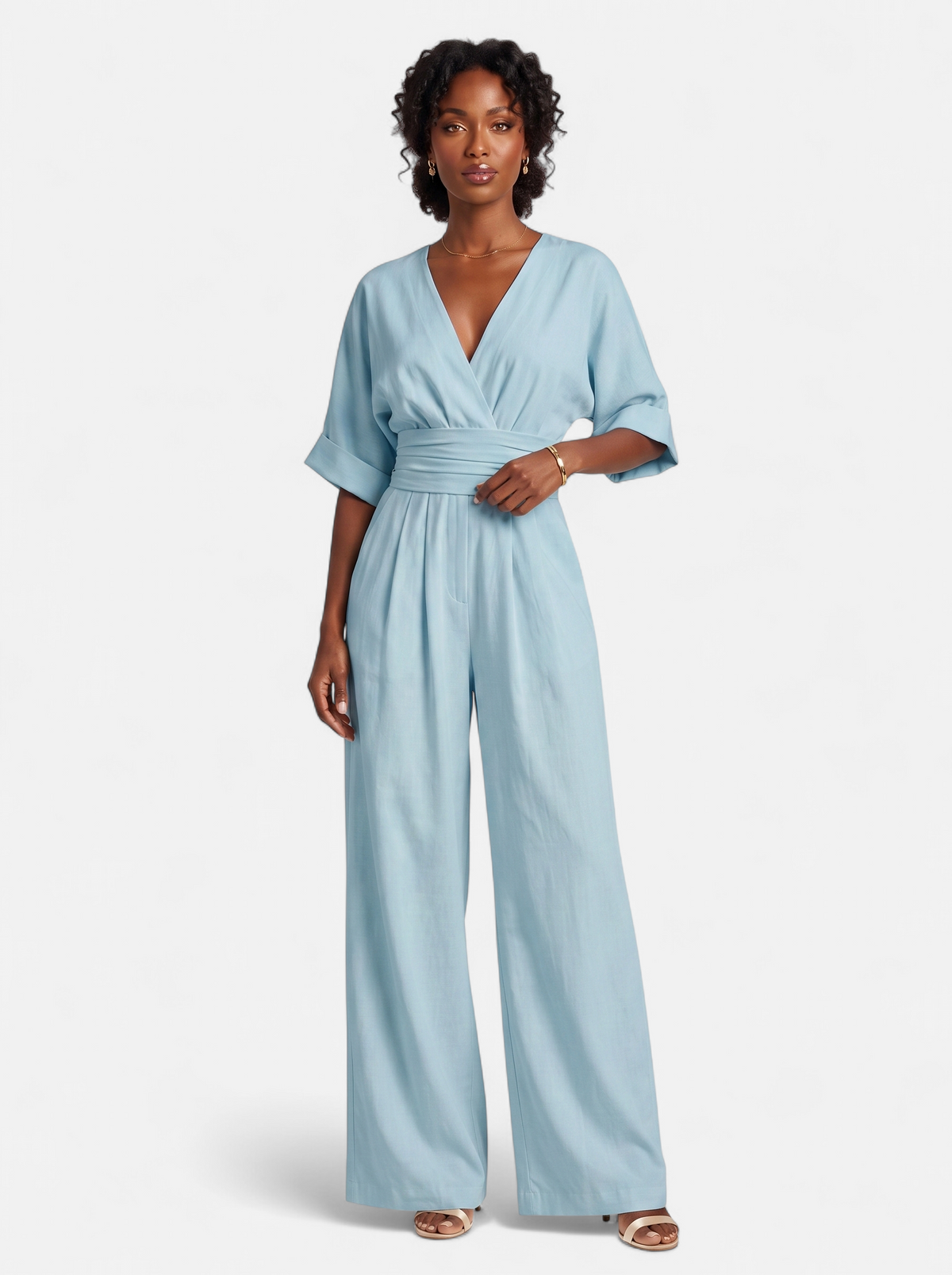 Women's sky blue wrap v-neck jumpsuit full body shot