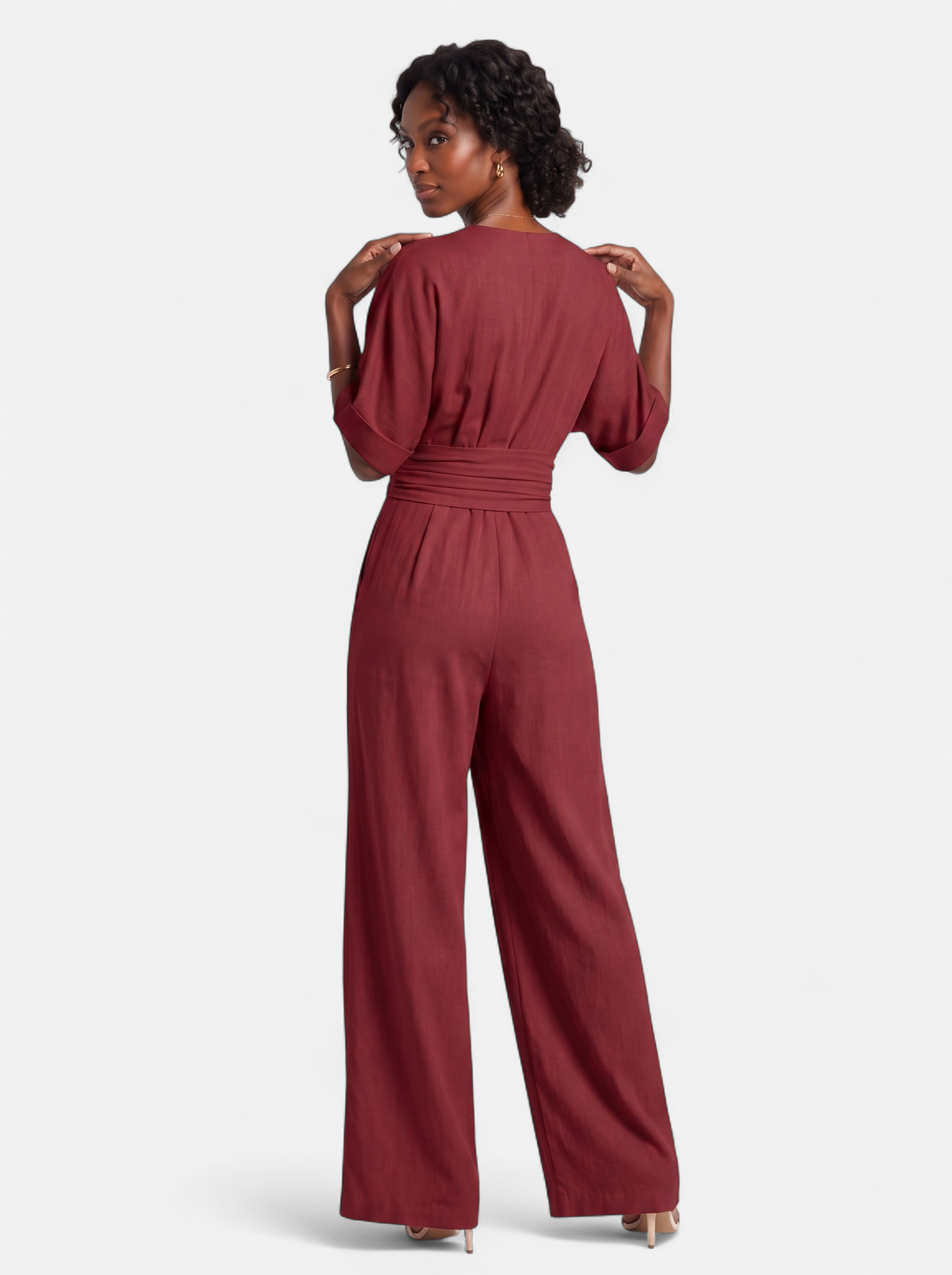 Women's burgundy wrap v-neck jumpsuit back shot