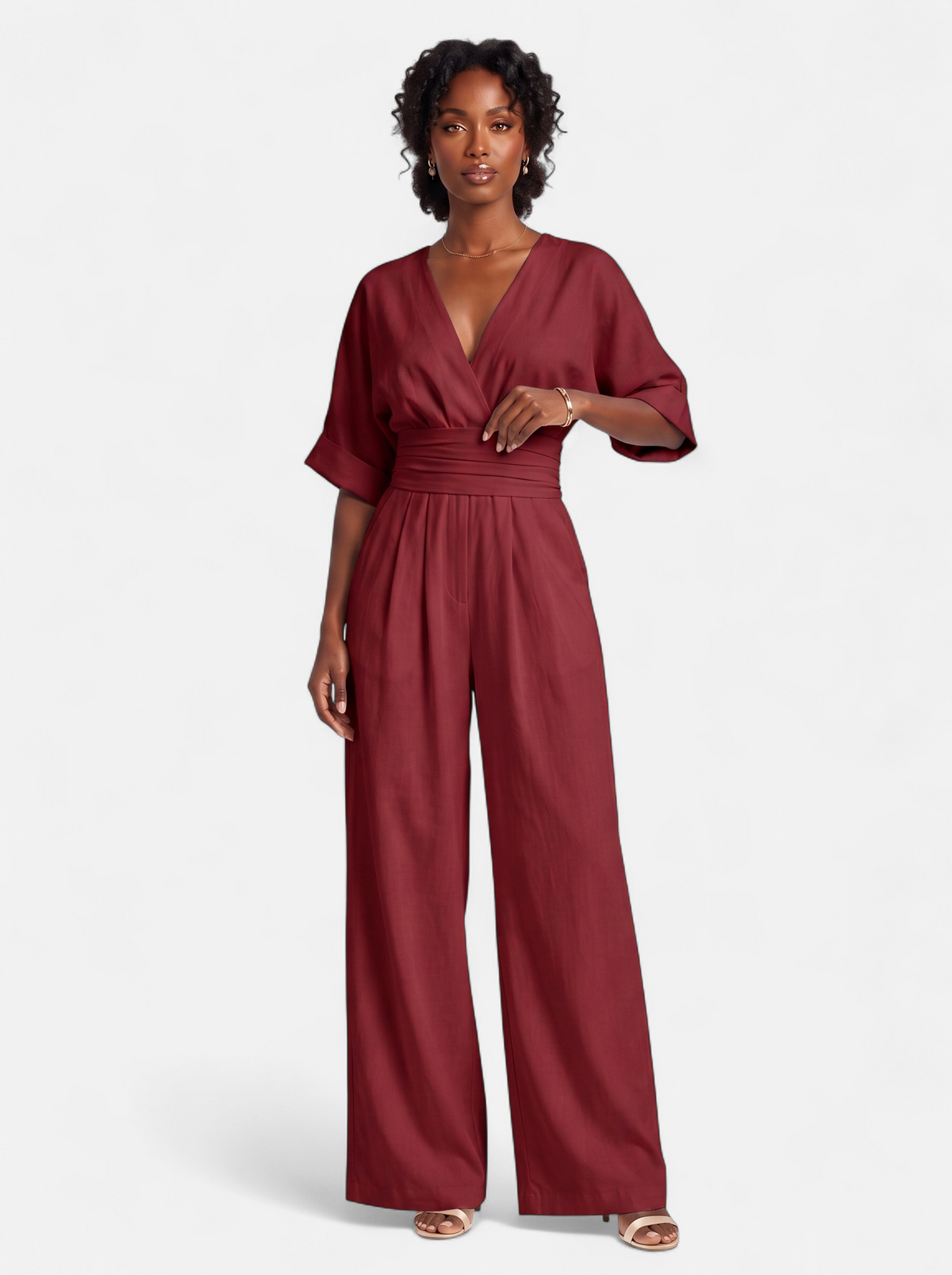 Women's burgundy wrap v-neck jumpsuit full body shot
