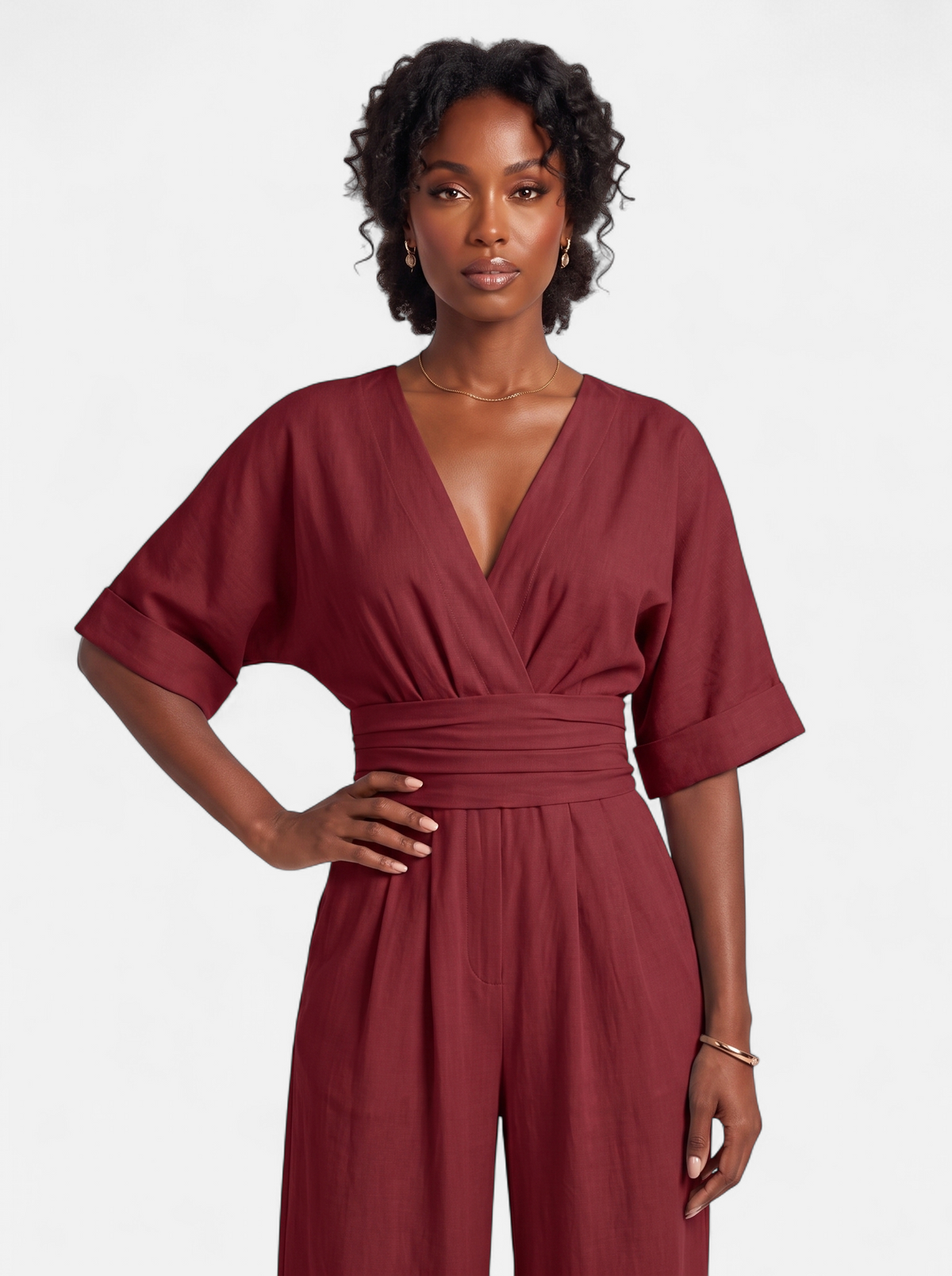 Women's burgundy wrap v-neck jumpsuit hero shot