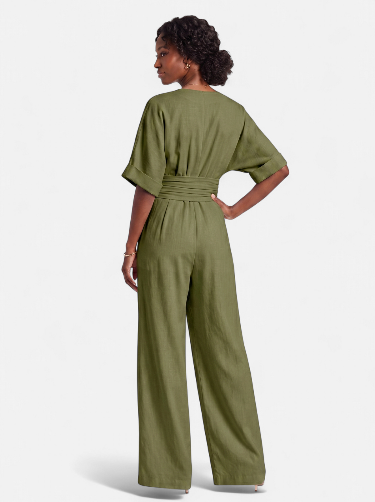 Women's army green wrap v-neck jumpsuit back shot