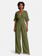 Women's army green wrap v-neck jumpsuit full body shot