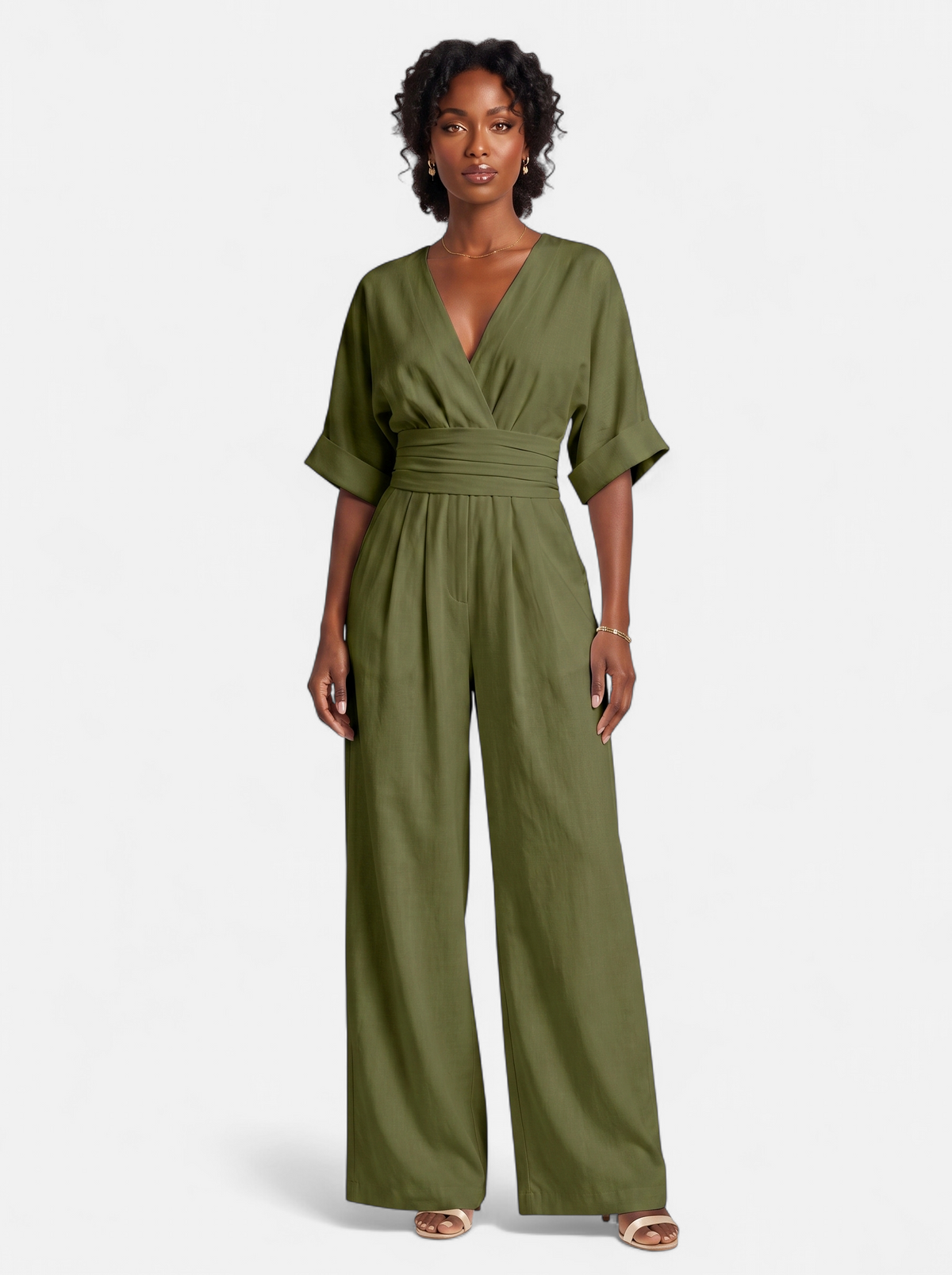 Women's army green wrap v-neck jumpsuit full body shot