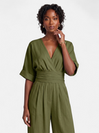 Women's army green wrap v-neck jumpsuit hero shot