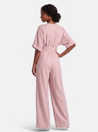 Women's pink wrap v-neck jumpsuit back shot
