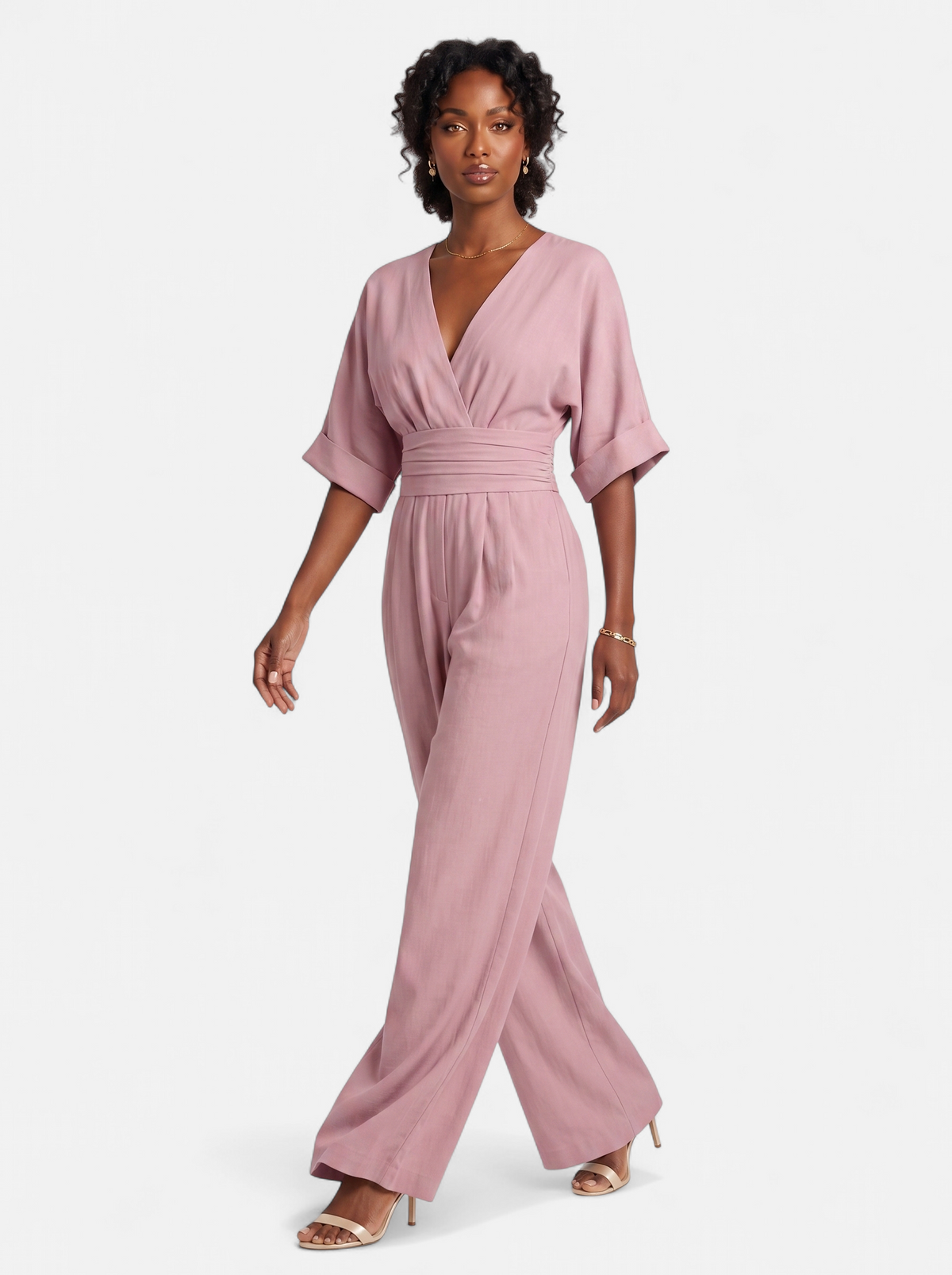 Women's pink wrap v-neck jumpsuit full body shot