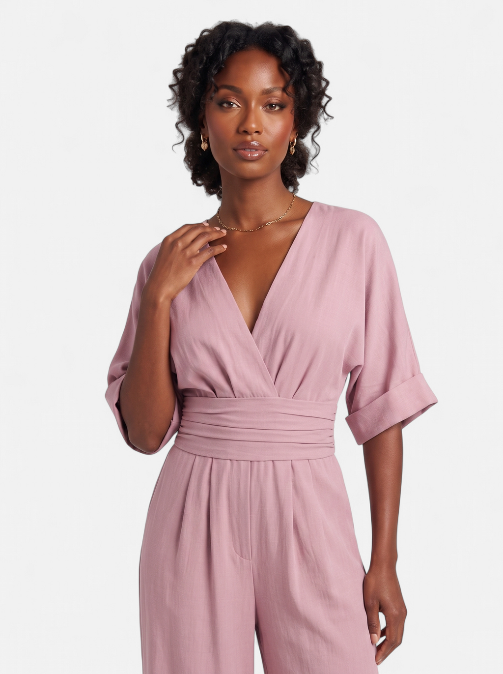 Women's pink wrap v-neck jumpsuit hero shot
