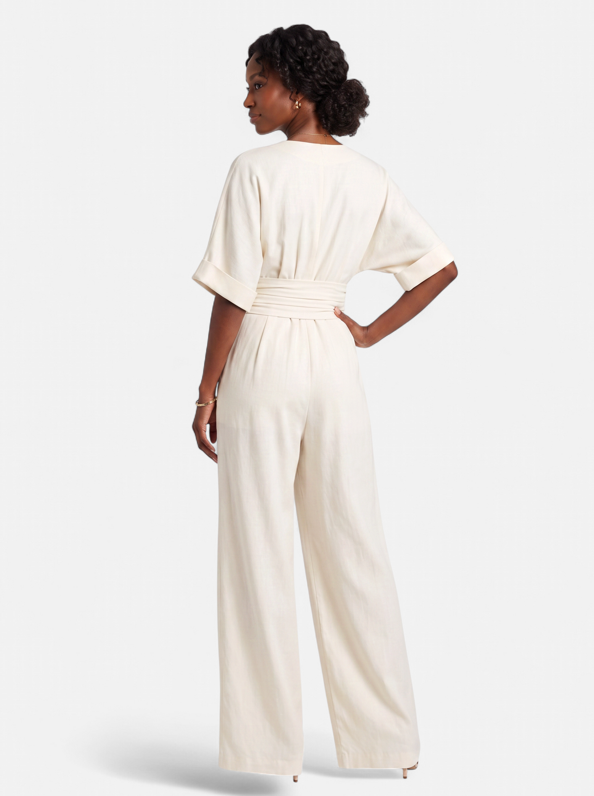 Women's white wrap v-neck jumpsuit back shot