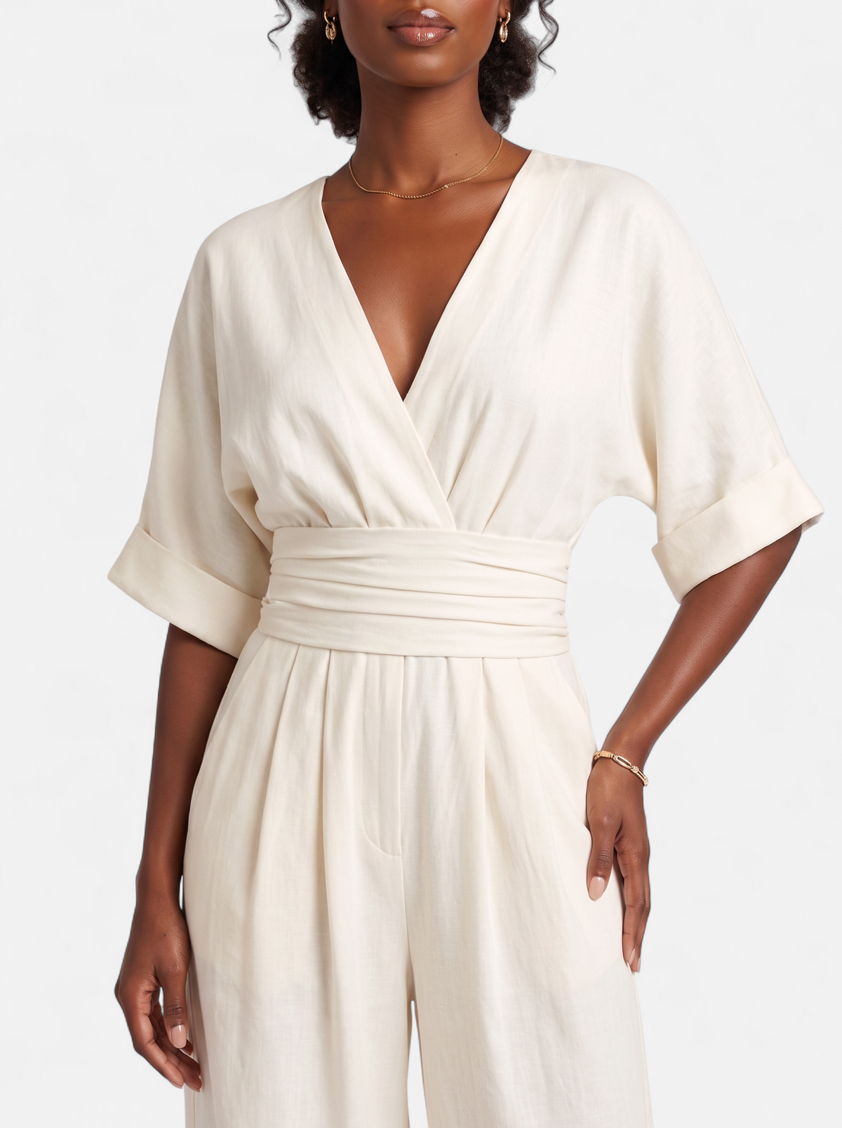 Women's white wrap v-neck jumpsuit detail shot