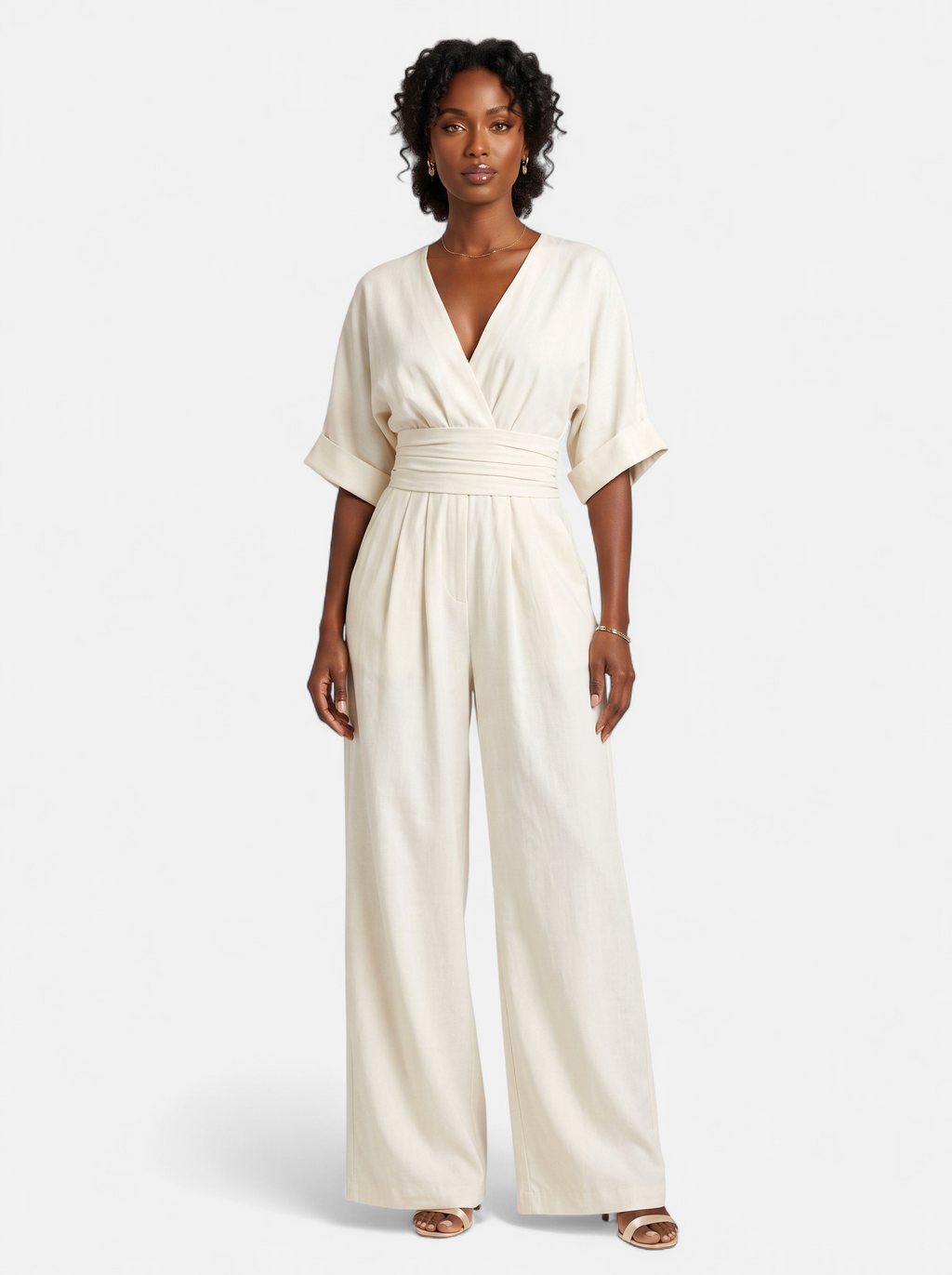 Women's white wrap v-neck jumpsuit full body shot