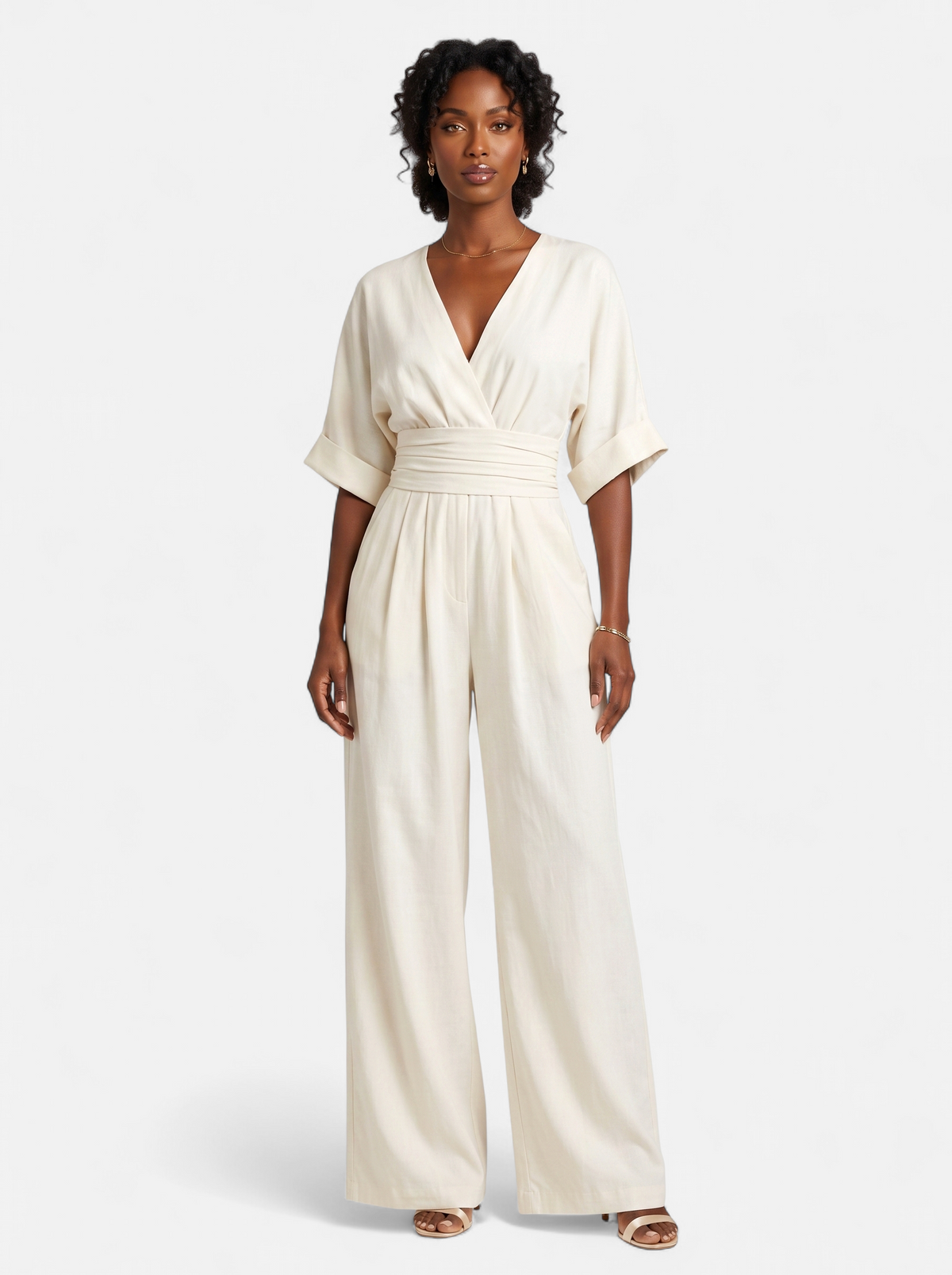 Women's white wrap v-neck jumpsuit full body shot