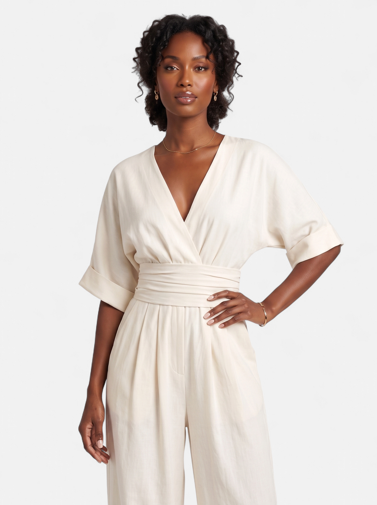Women's white wrap v-neck jumpsuit hero shot