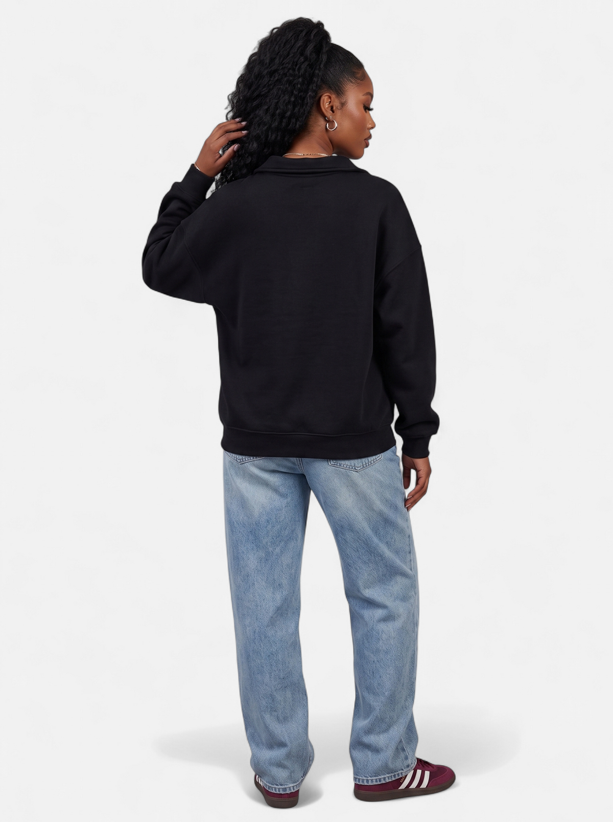 Women's black half-zip fleece pullover hoodie back shot