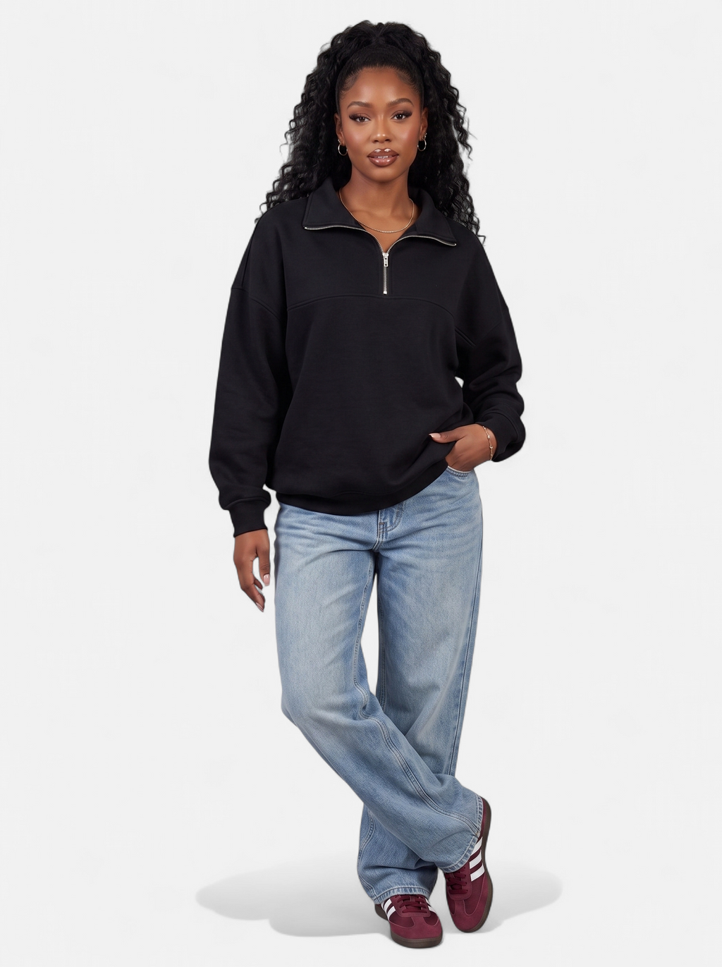 Women's black half-zip fleece pullover hoodie full body shot