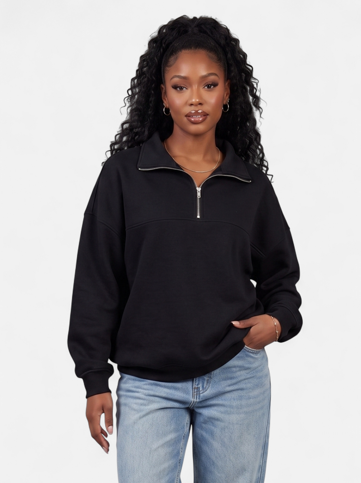 Women's black half-zip fleece pullover hoodie hero shot