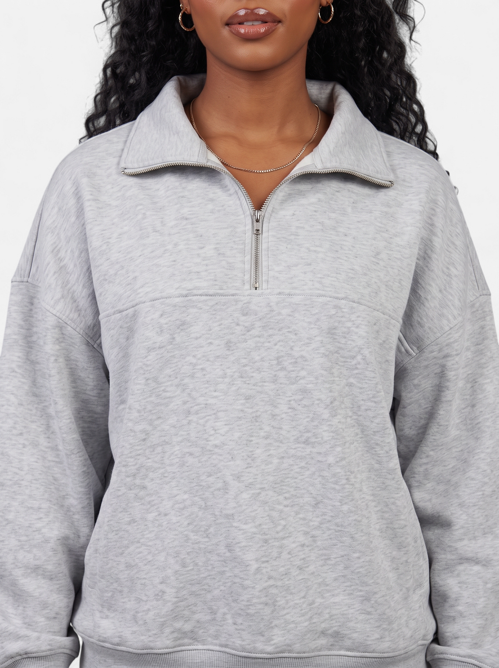 Women's gray half-zip fleece pullover hoodie detail shot
