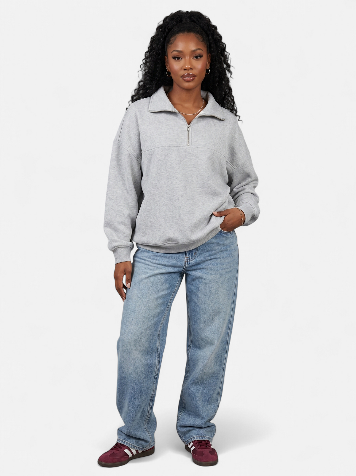 Women's gray half-zip fleece pullover hoodie full body shot