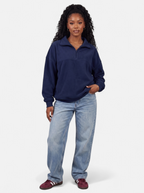 Women's navy half-zip fleece pullover hoodie full body shot