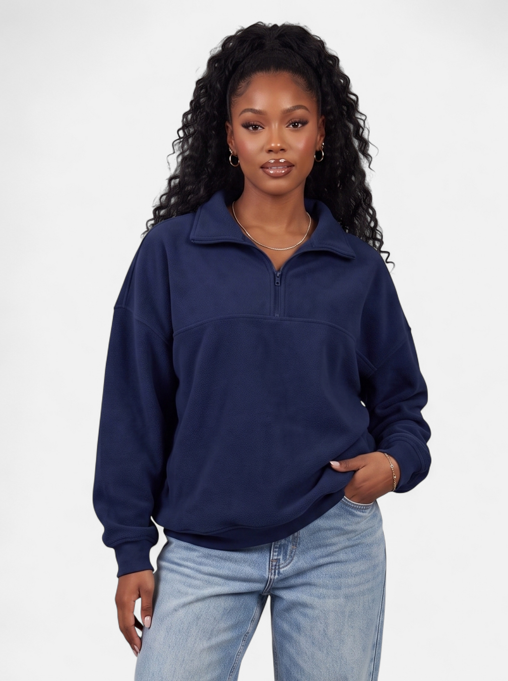Women's navy half-zip fleece pullover hoodie hero shot