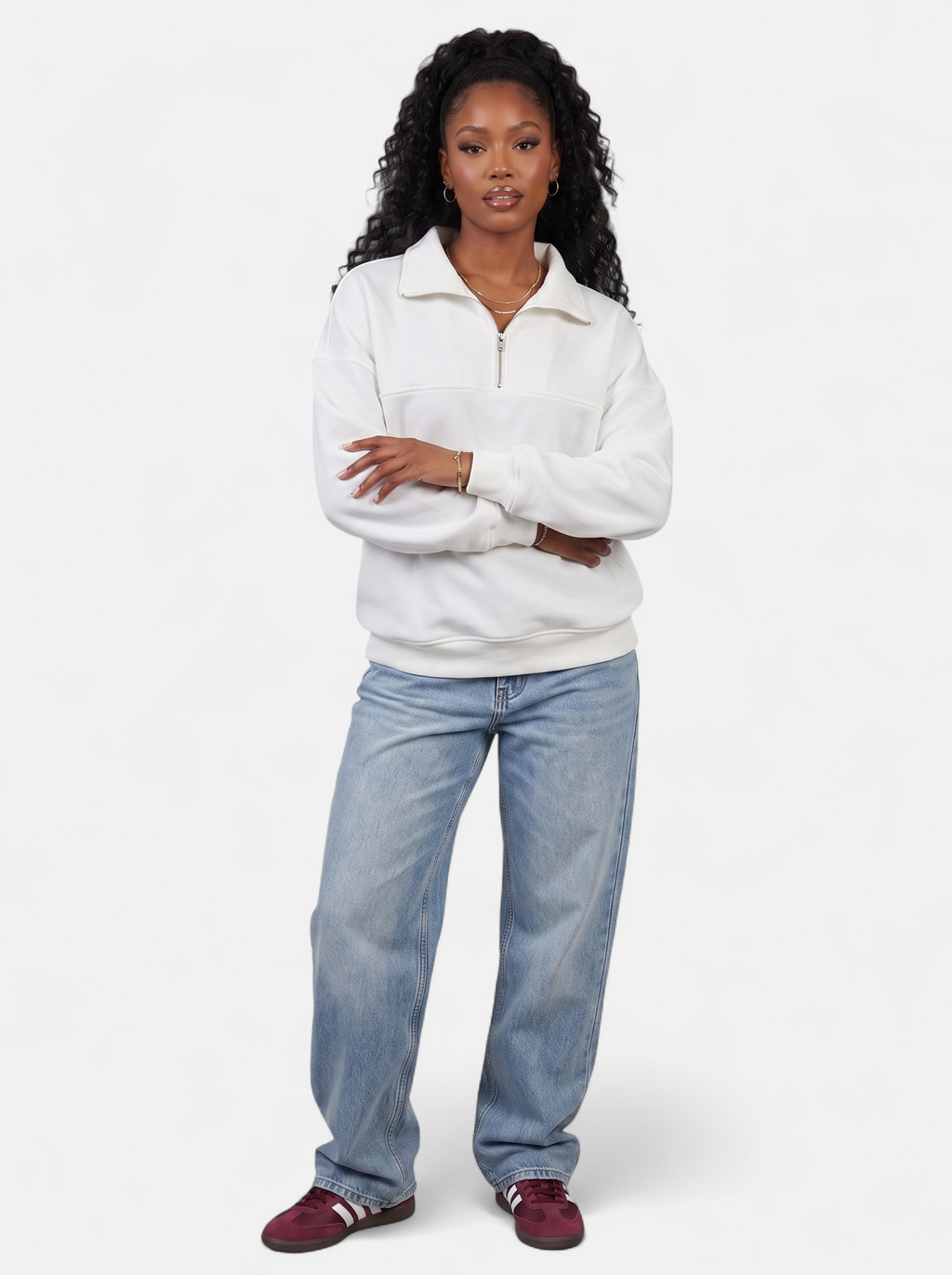 Women's white half-zip fleece pullover hoodie full body shot