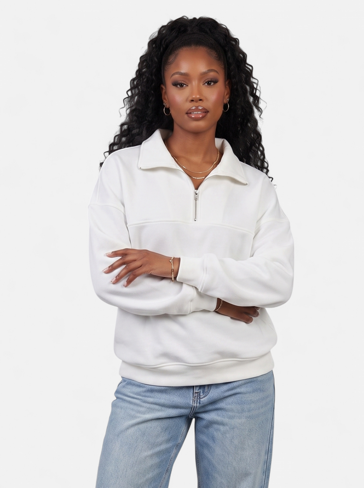 Women's white half-zip fleece pullover hoodie hero shot