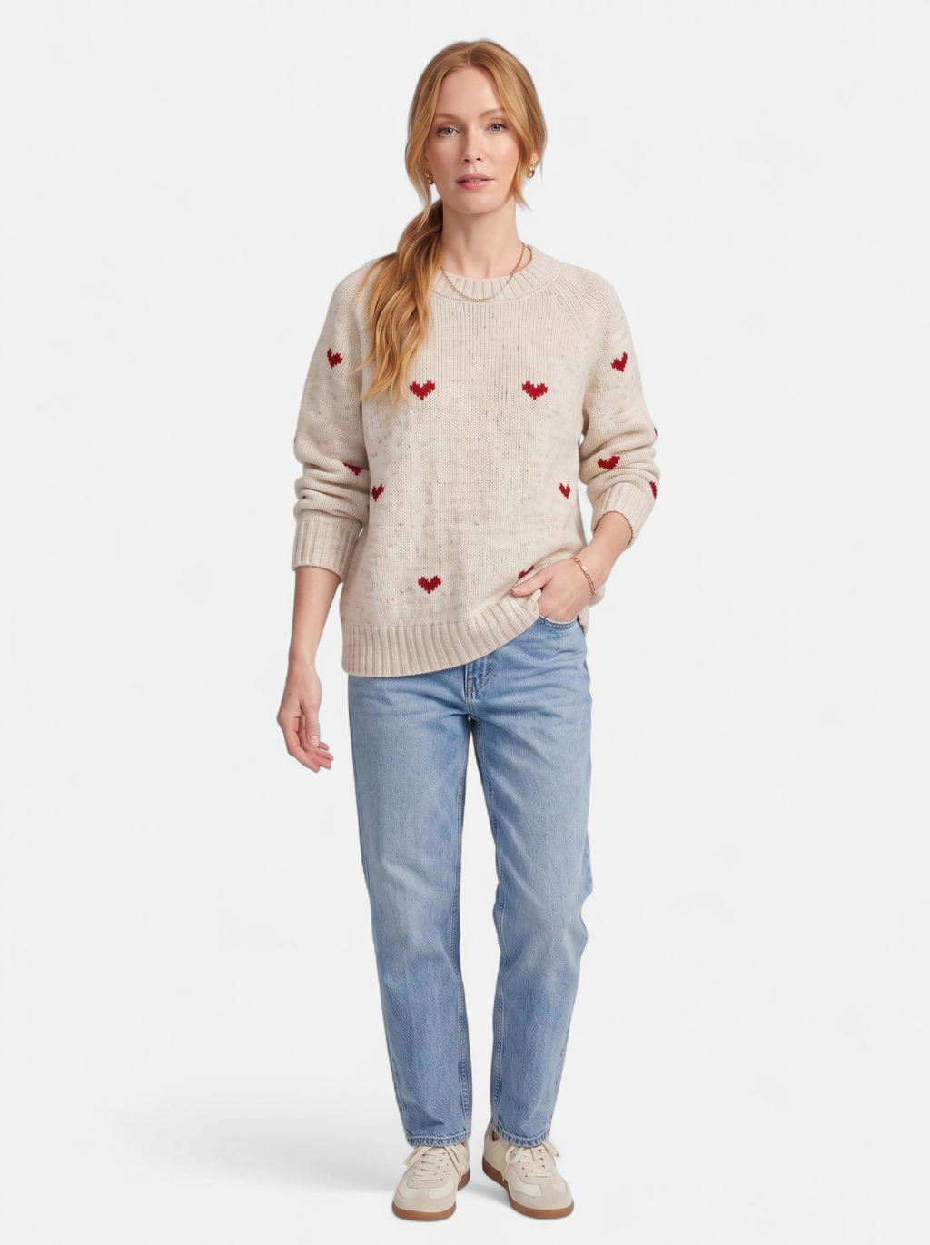 Women's apricot heart print crew neck sweater full body shot
