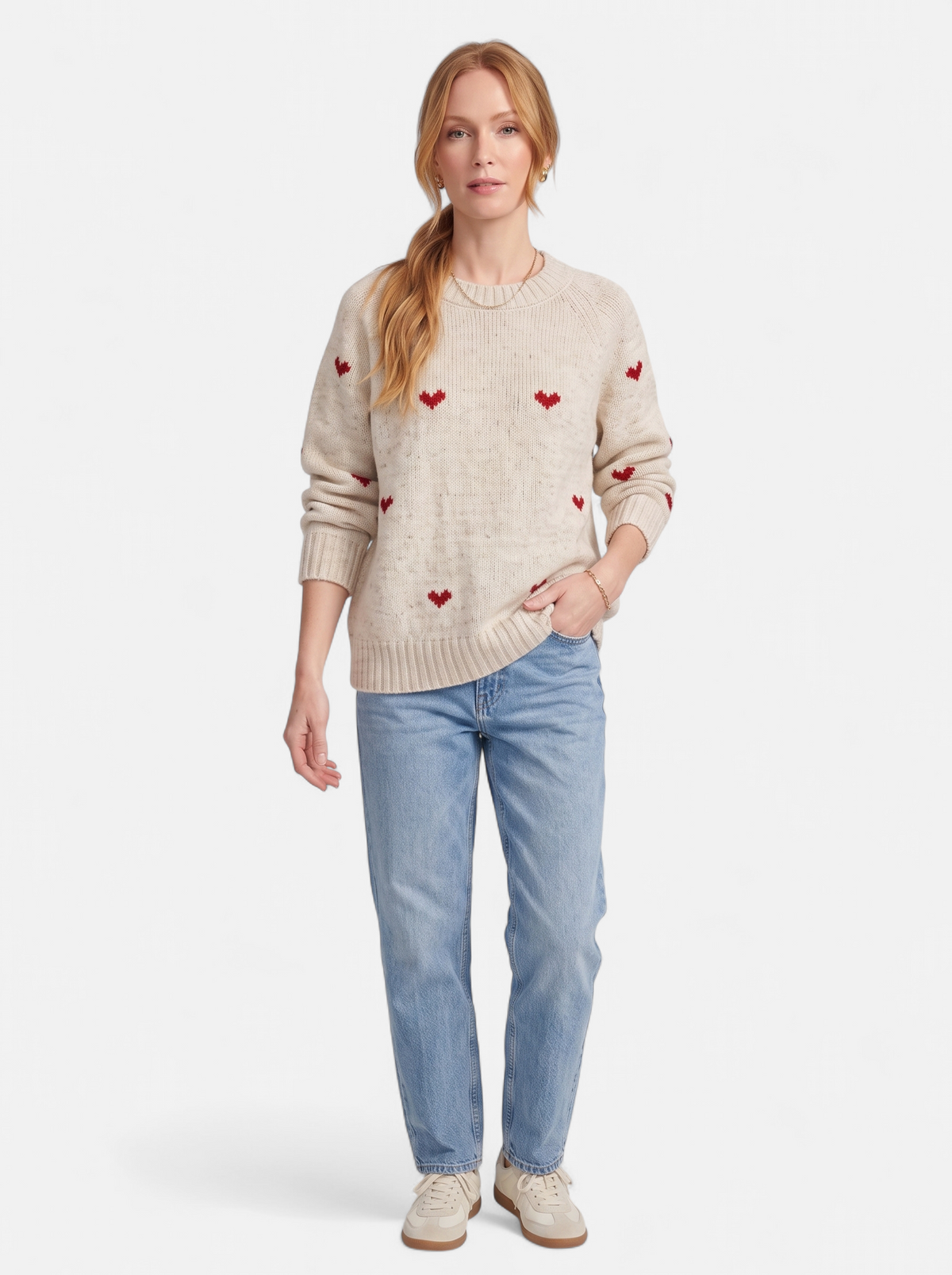 Women's apricot heart print crew neck sweater full body shot