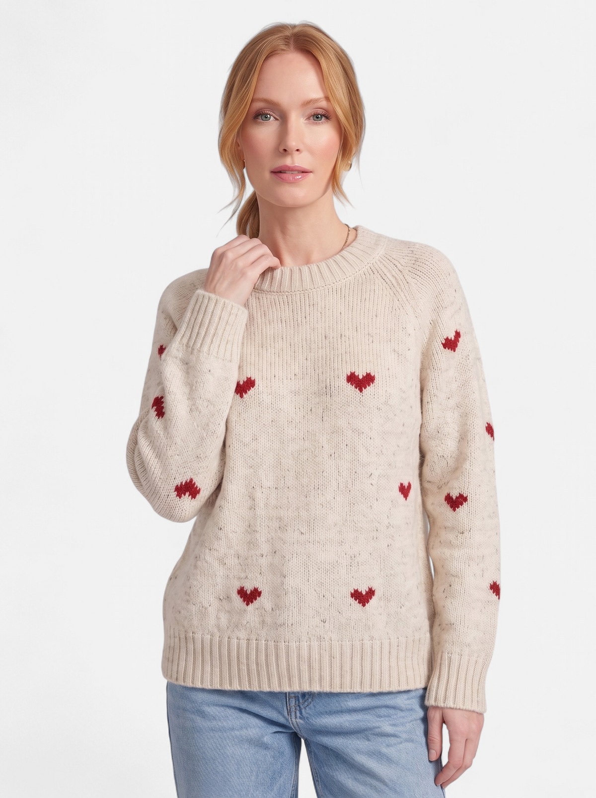 Women's apricot heart print crew neck sweater hero shot