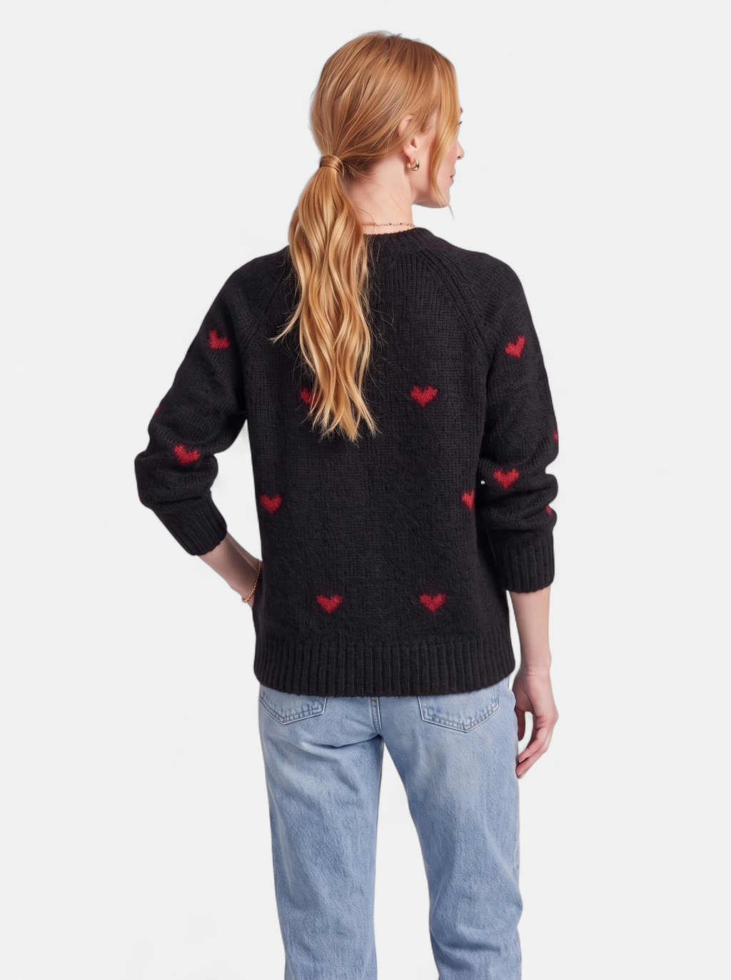 Women's black heart print crew neck sweater back shot