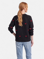 Women's black heart print crew neck sweater back shot