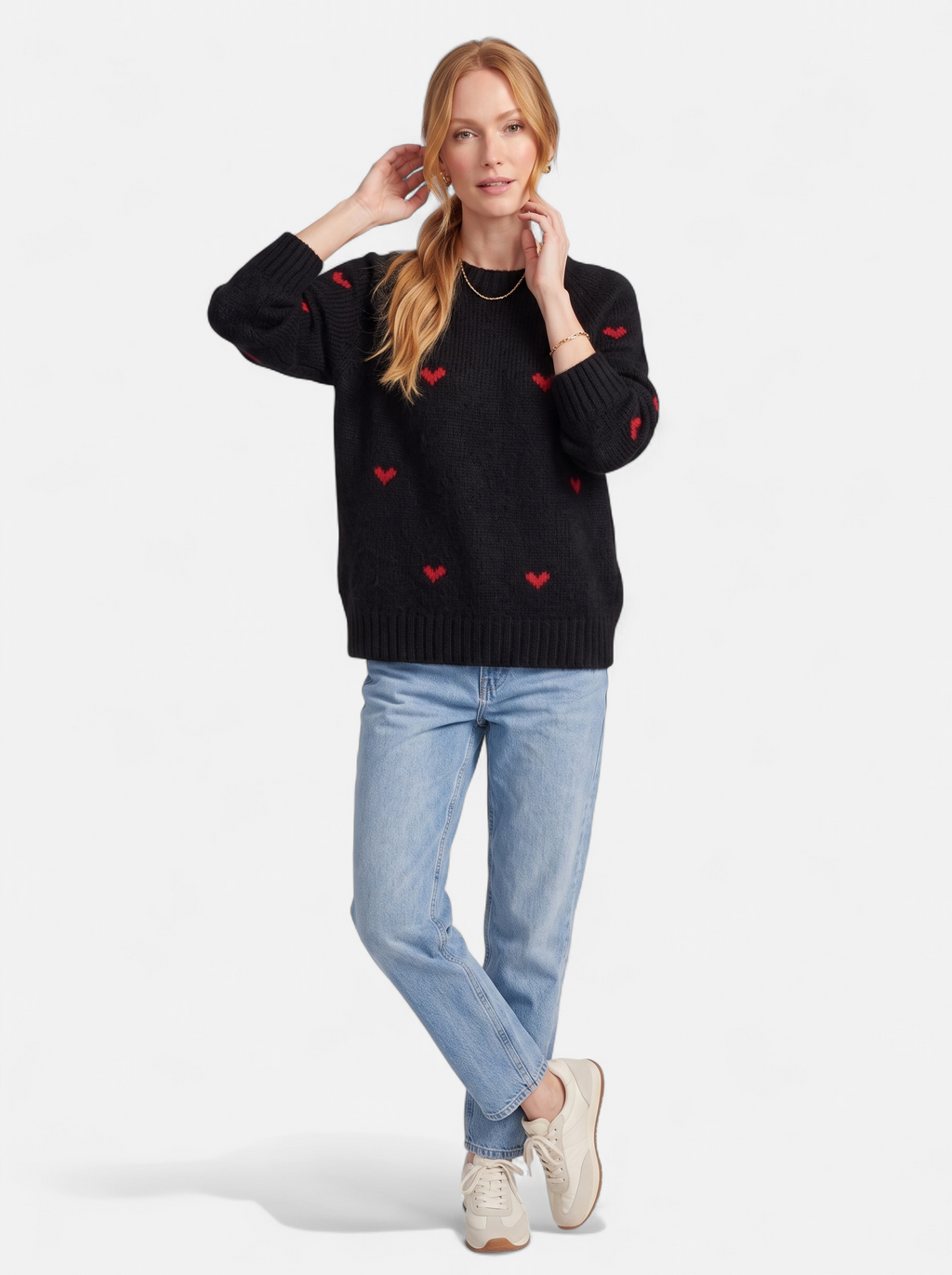 Women's black heart print crew neck sweater full body shot