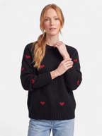 Women's black heart print crew neck sweater hero shot