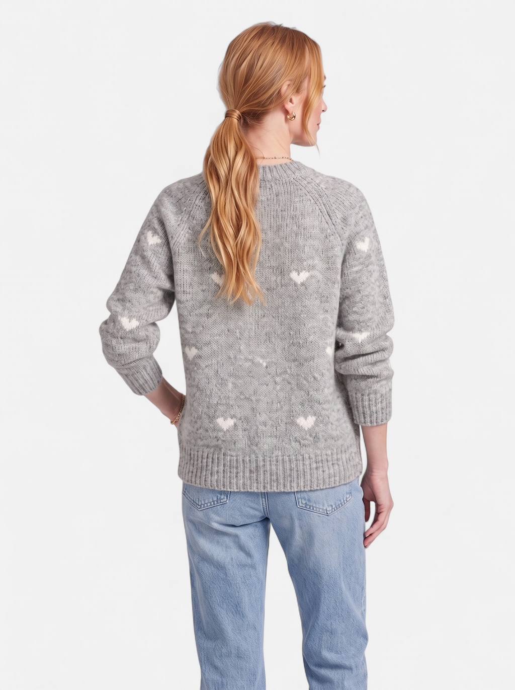 Women's gray heart print crew neck sweater back shot