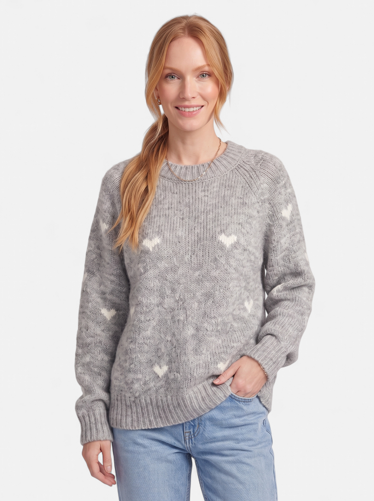 Women's gray heart print crew neck sweater hero shot